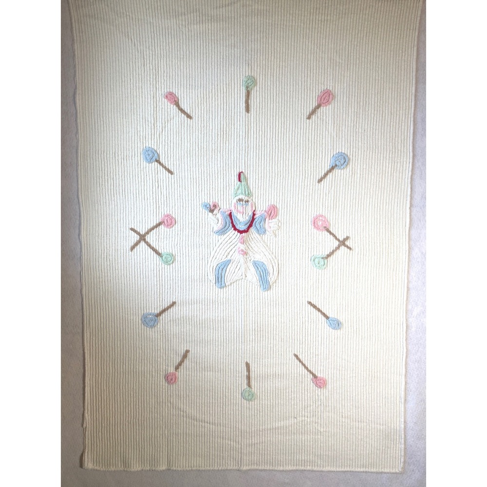 Vintage White Chenille Baby Blanket Clown Lollipop Pastel Tufted Ribbed 40x58